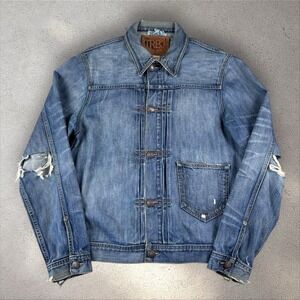 True Religion Jacket Mens XL Kyle Buckle Back Denim Snap Trucker‎ Distressed